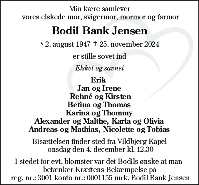 Dødsannonce for Bodil Bank Jensen