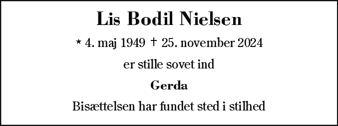 Dødsannonce for Lis Bodil Nielsen