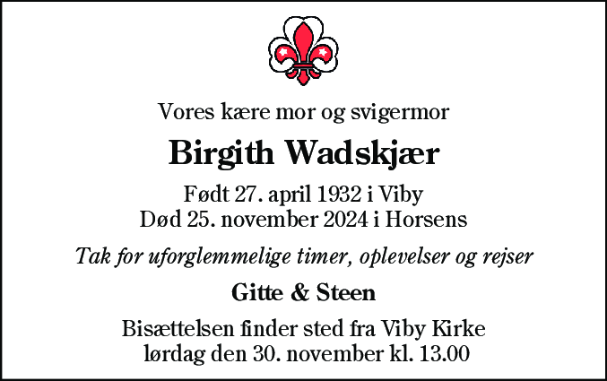 Dødsannonce for Birgith Wadskjær