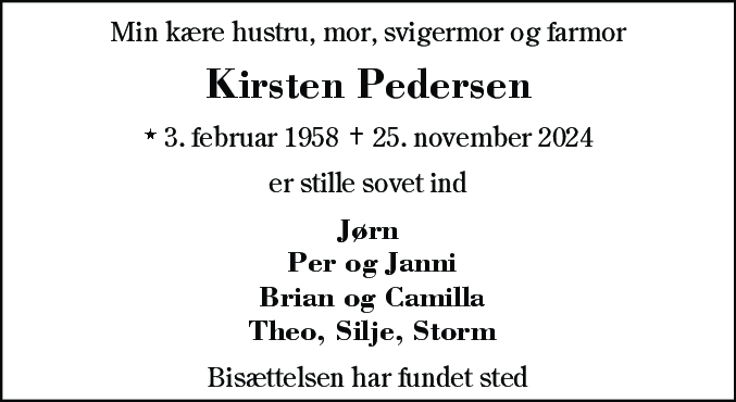 Dødsannonce for Kirsten Pedersen