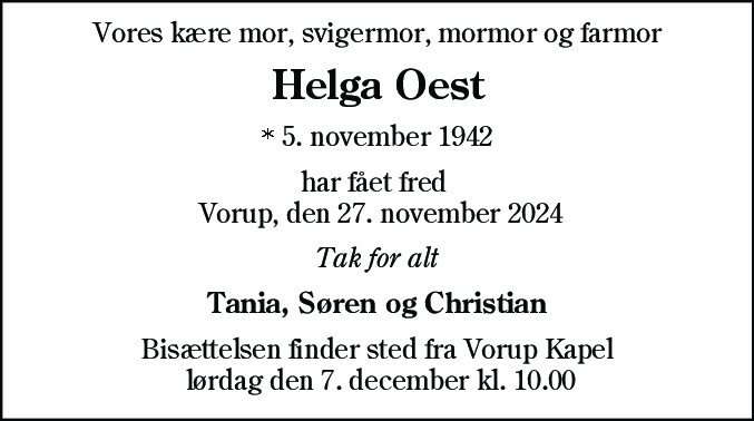 Dødsannonce for Helga Oest