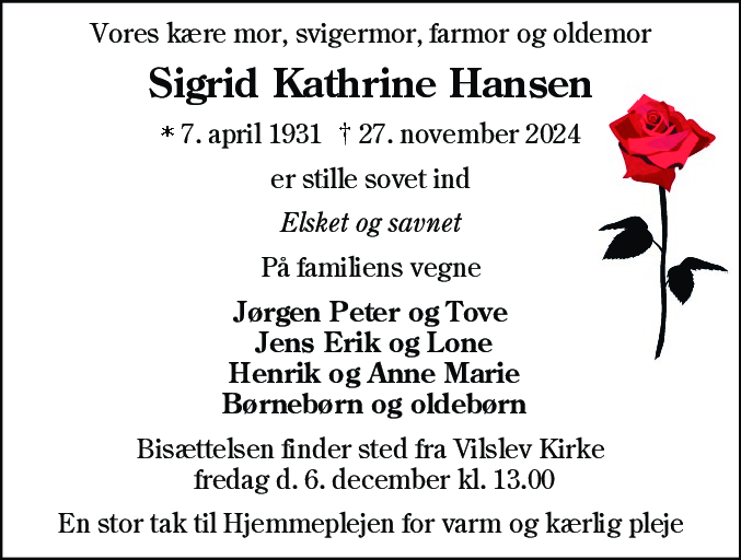 Dødsannonce for Sigrid Kathrine Hansen