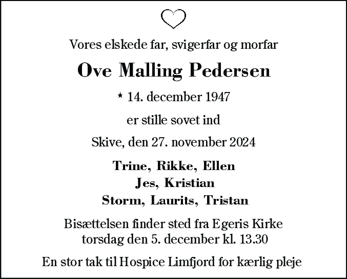 Dødsannonce for Ove Malling Pedersen