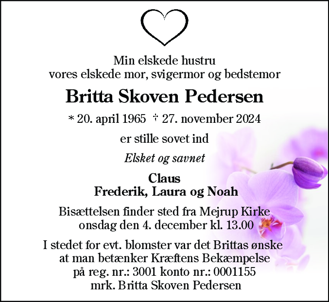 Dødsannonce for Britta Skoven Pedersen