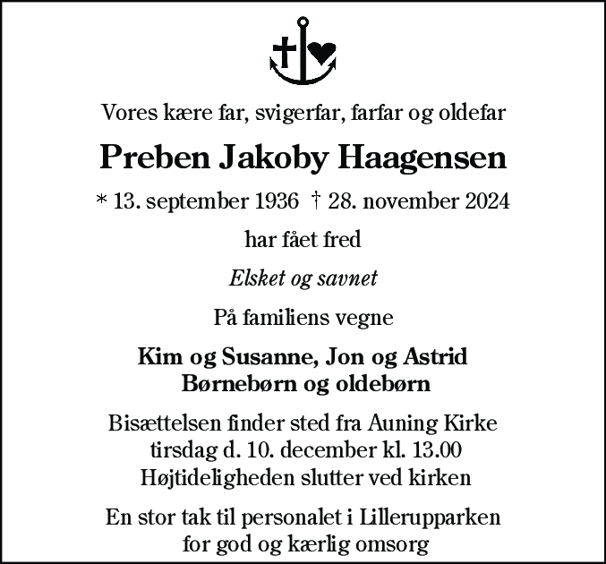 Dødsannonce for Preben Jakoby Haagensen