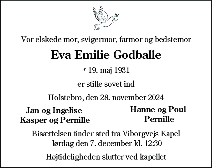 Dødsannonce for Eva Emilie Godballe
