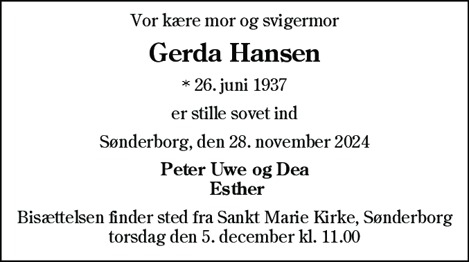 Dødsannonce for Gerda Hansen