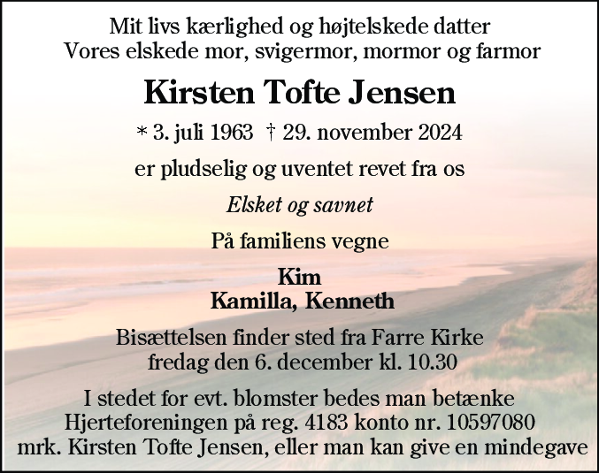 Dødsannonce for Kirsten Tofte Jensen