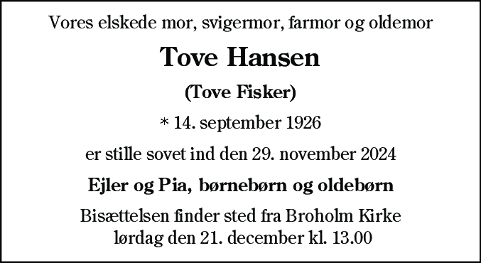 Dødsannonce for Tove Hansen