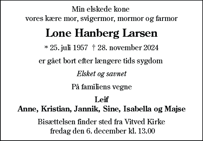 Dødsannonce for Lone Hanberg Larsen