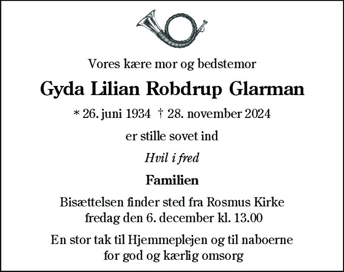 Dødsannonce for Gyda Lilian Robdrup Glarman