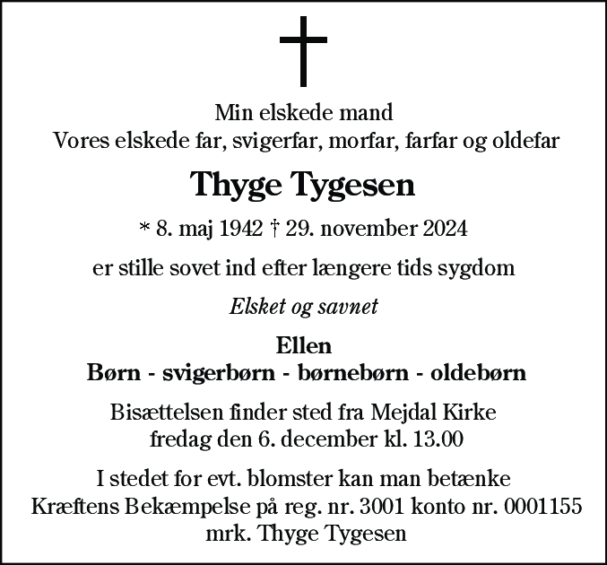 Dødsannonce for Thyge Tygesen