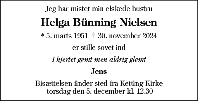 Dødsannonce for Helga Bünning Nielsen