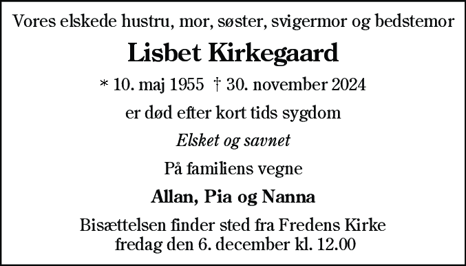 Dødsannonce for Lisbet Kirkegaard