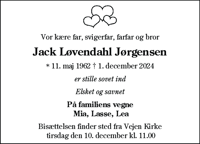 Dødsannonce for Jack Løvendahl Jørgensen