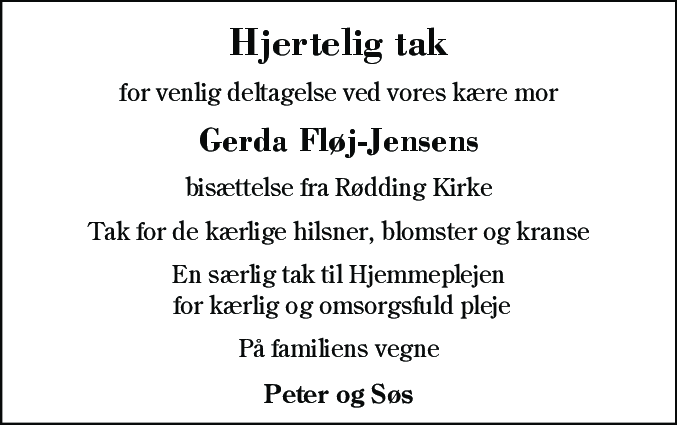 Dødsannonce for Gerda Fløj-Jensen
