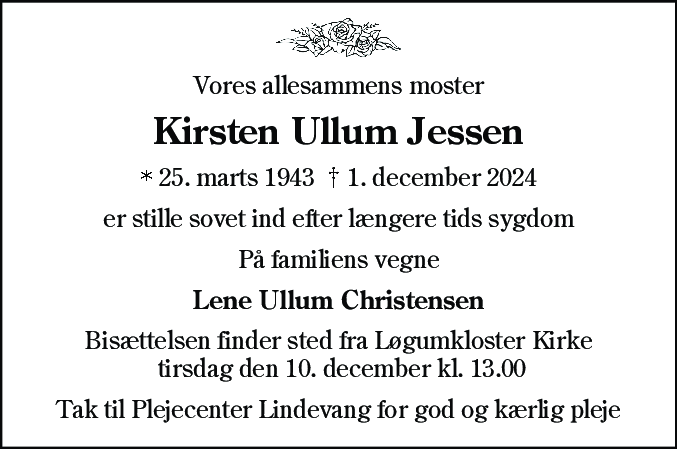 Dødsannonce for Kirsten Ullum Jessen