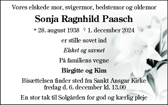 Dødsannonce for Sonja Ragnhild Paasch