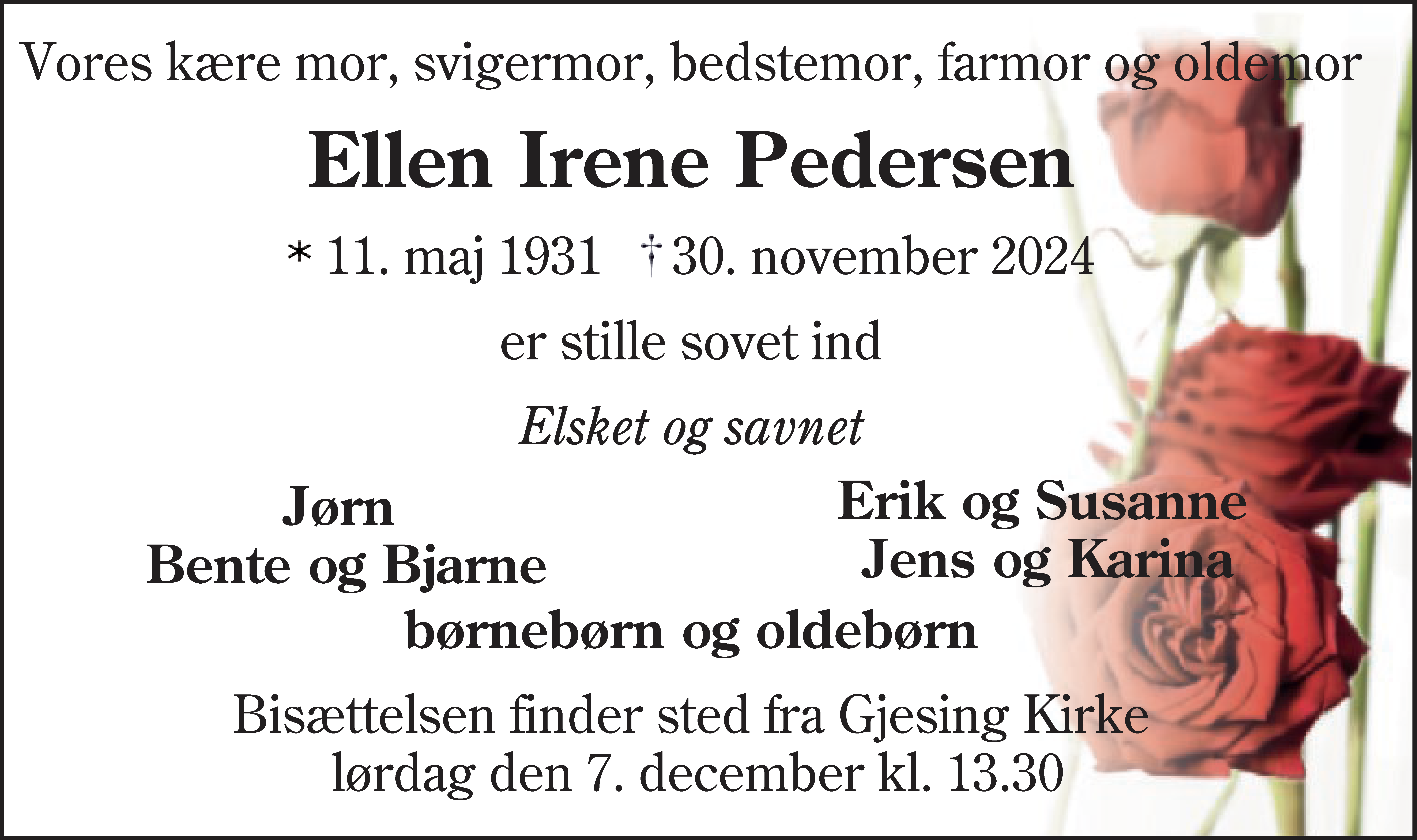 Dødsannonce for Ellen Irene Pedersen