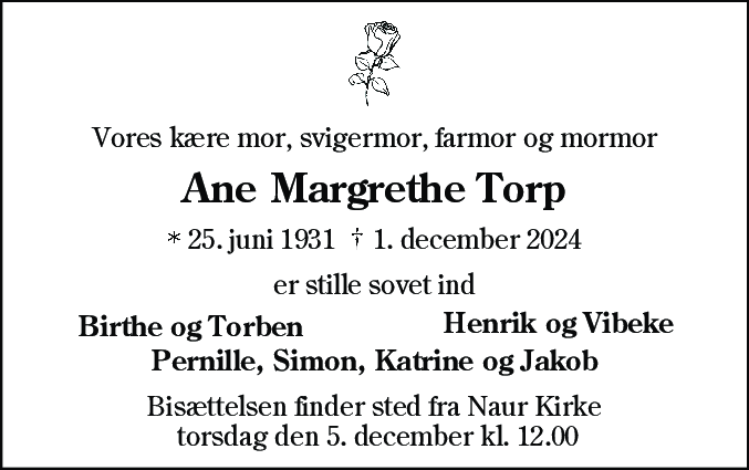 Dødsannonce for Ane Margrethe Torp