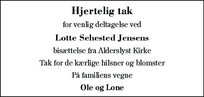 Dødsannonce for Lise Lotte Sehested Jensen