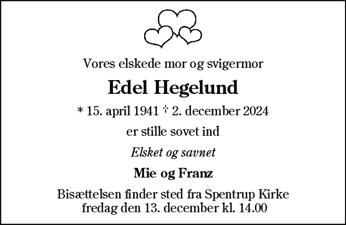 Dødsannonce for Edel Hegelund