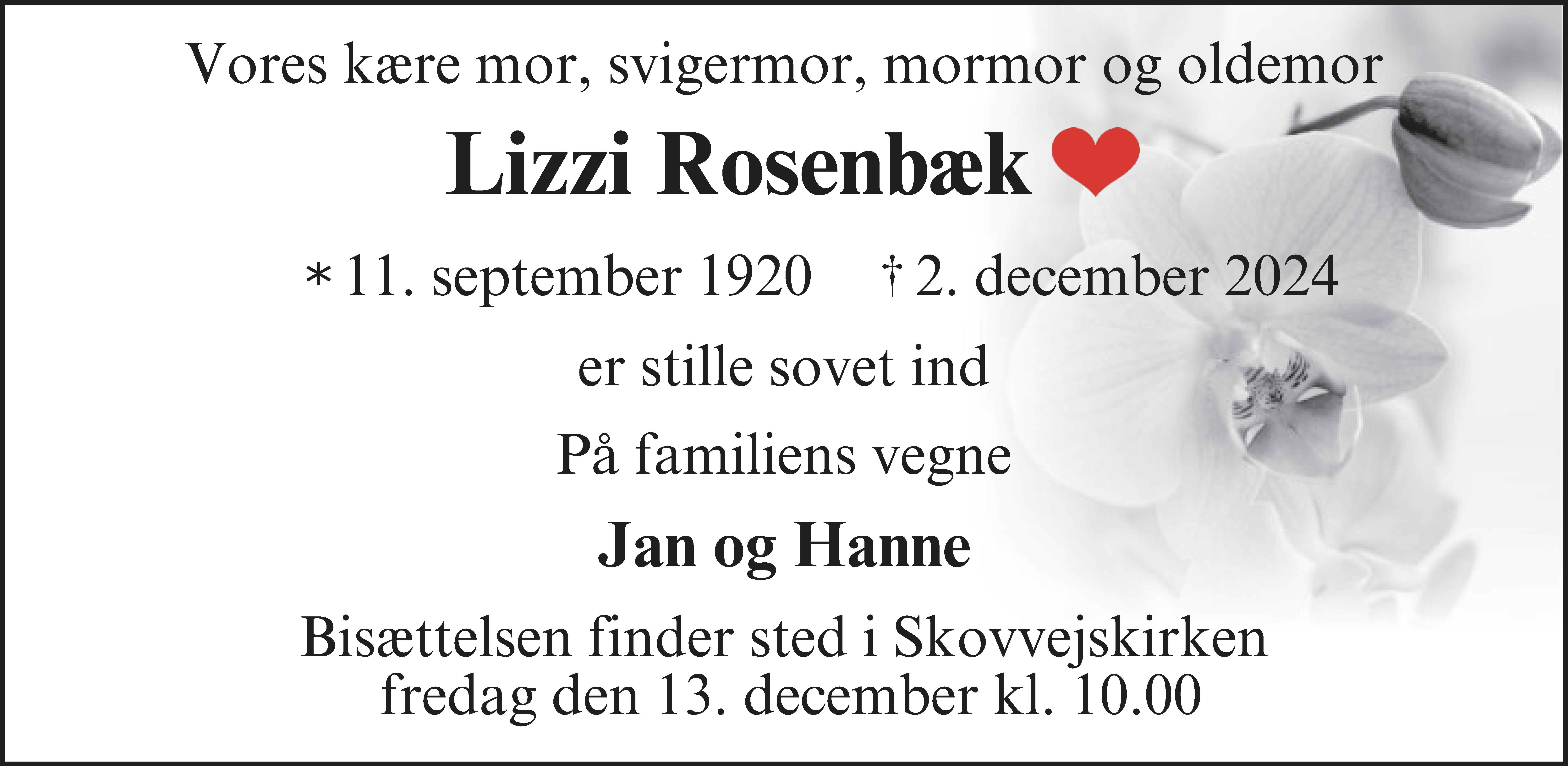 Dødsannonce for Lizzi Rosenbæk