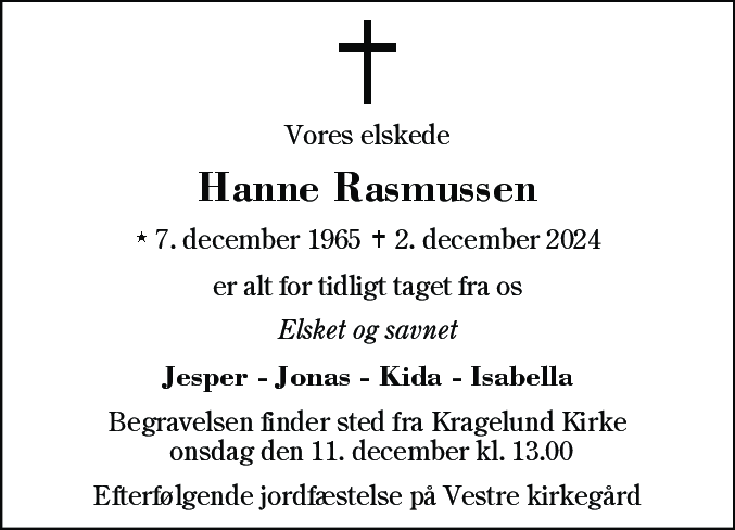 Dødsannonce for Hanne Rasmussen