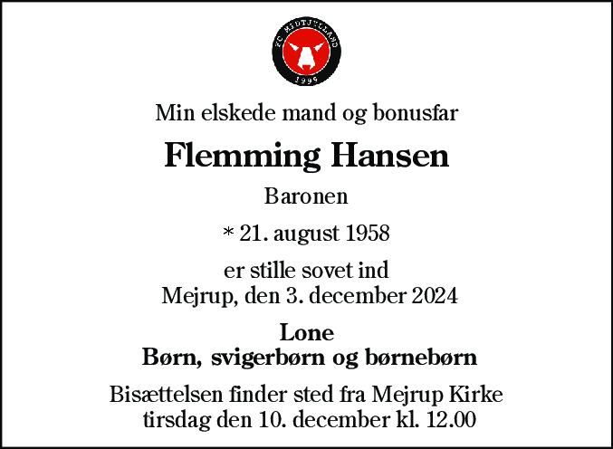 Dødsannonce for Flemming Hedegaard Hansen