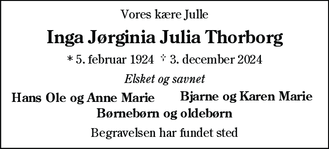 Dødsannonce for Inga Jørginia Julia Thorborg