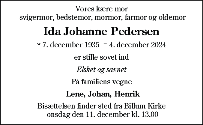 Dødsannonce for Ida Johanne Pedersen