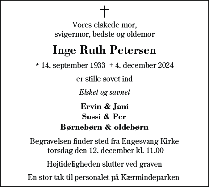 Dødsannonce for Inge Ruth Petersen