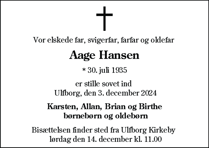 Dødsannonce for Aage Hansen