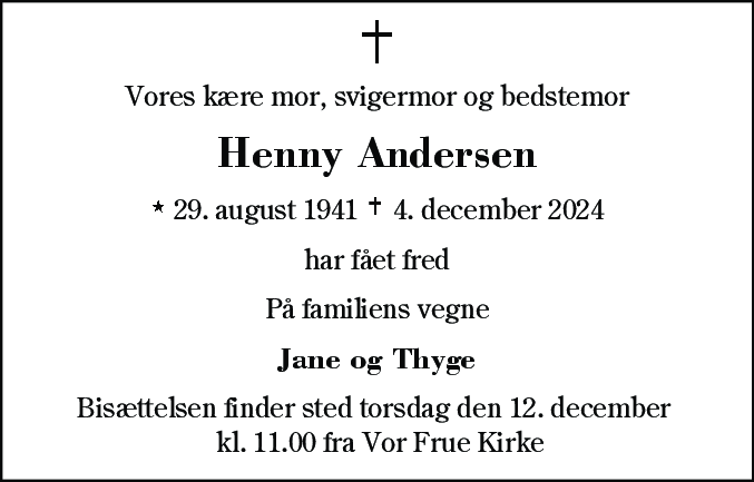 Dødsannonce for Henny Andersen
