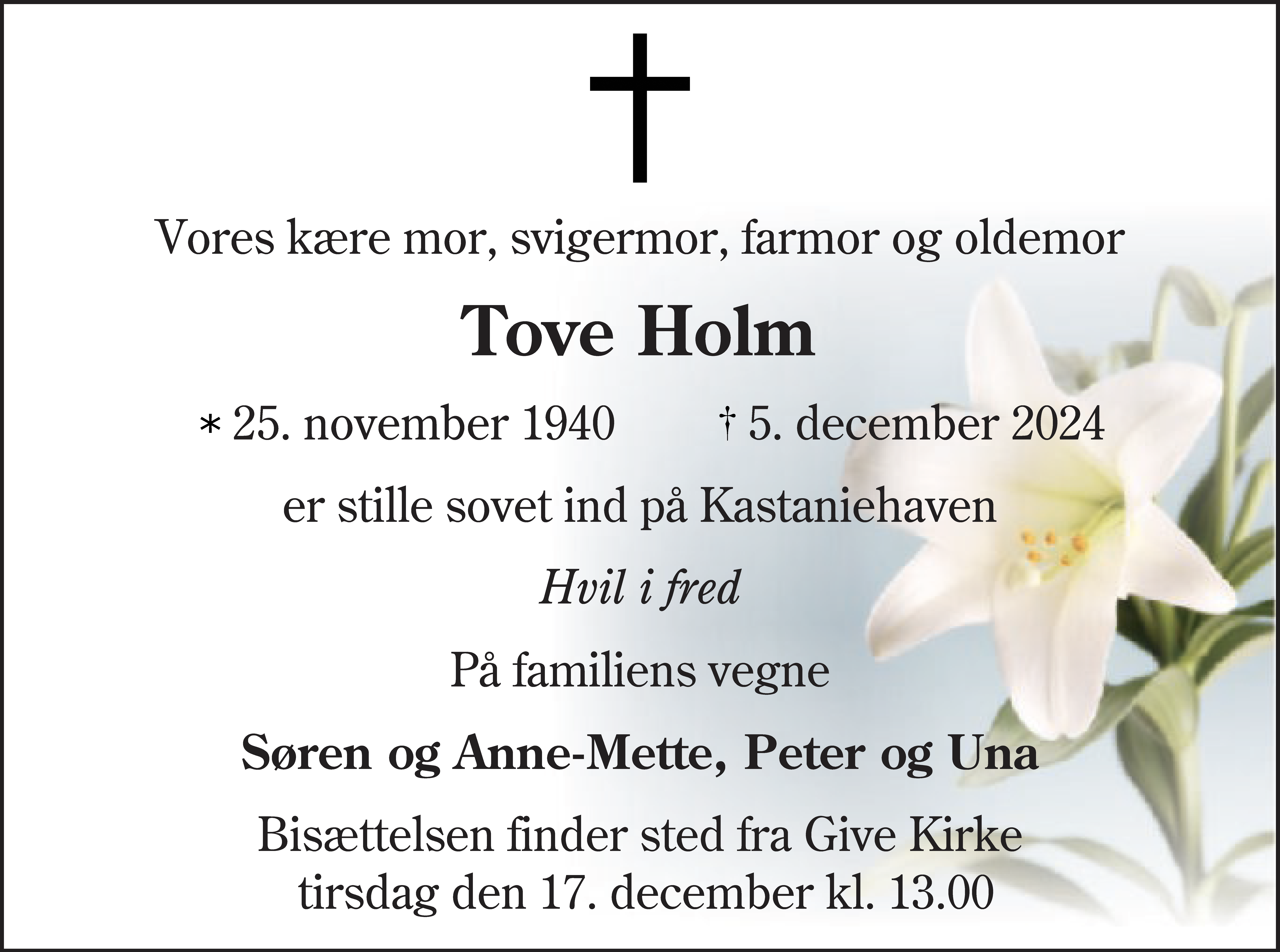 Dødsannonce for Tove Holm