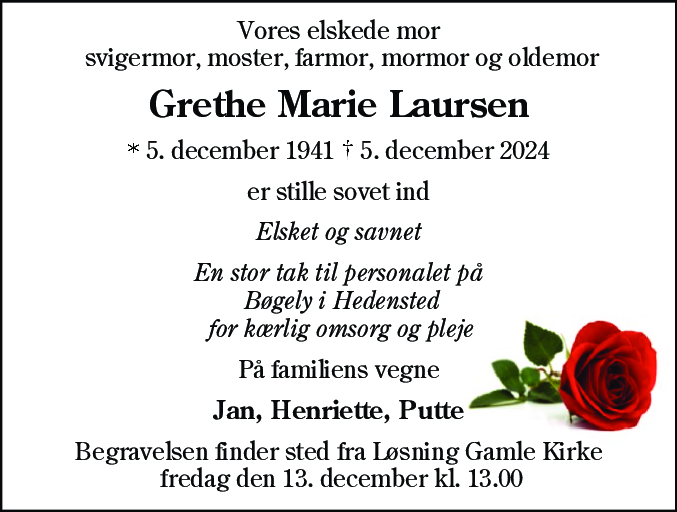 Dødsannonce for Grethe Marie Laursen