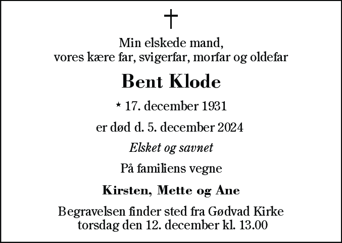 Dødsannonce for Bent Klode