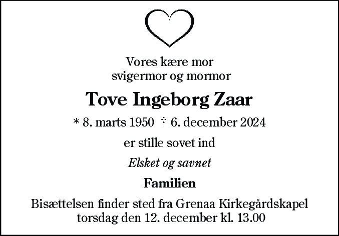 Dødsannonce for Tove Ingeborg Zaar