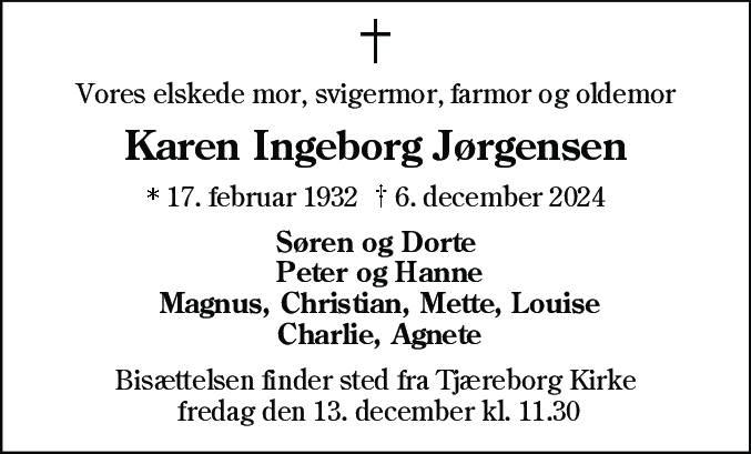 Dødsannonce for Karen Ingeborg Jørgensen
