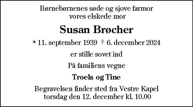 Dødsannonce for Susan Brøcher