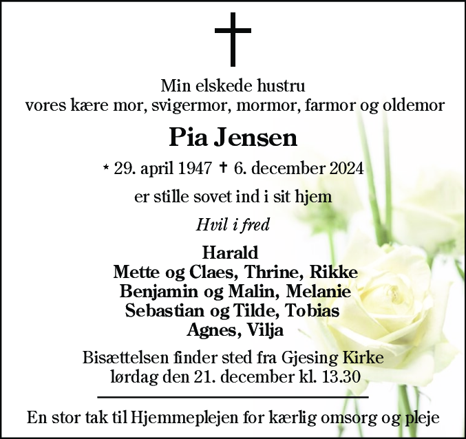Dødsannonce for Pia Jensen