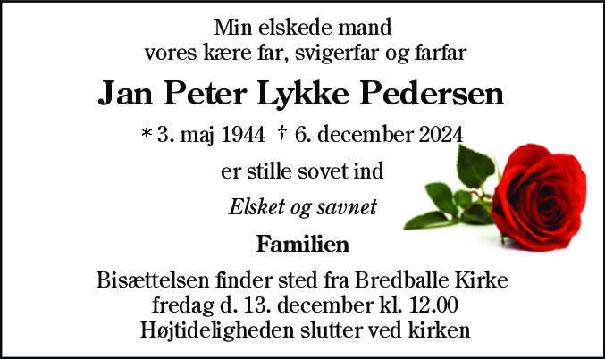 Dødsannonce for Jan Peter Lykke Pedersen
