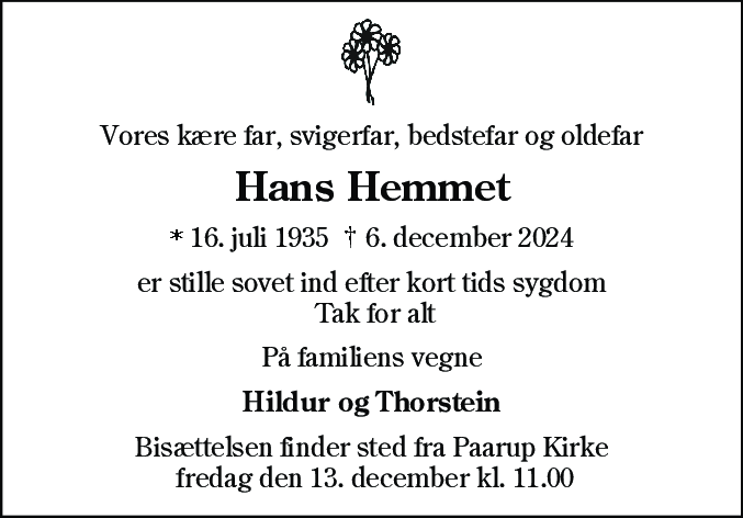 Dødsannonce for Hans Peter Jepsen Hemmet