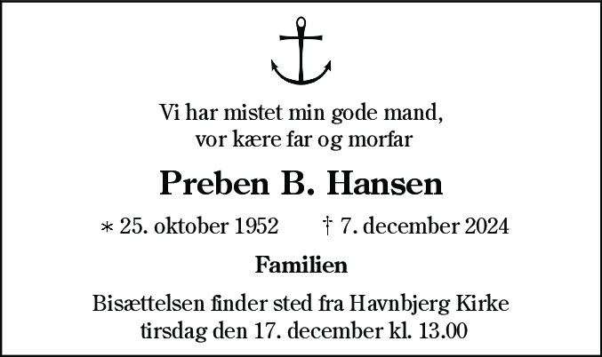 Dødsannonce for Preben Børge Hansen