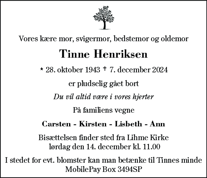 Dødsannonce for Tinne Kathrine Jensen Henriksen