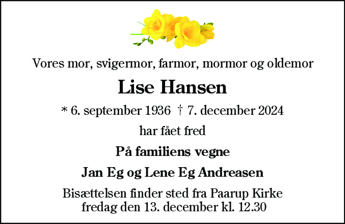 Dødsannonce for Lise Hansen
