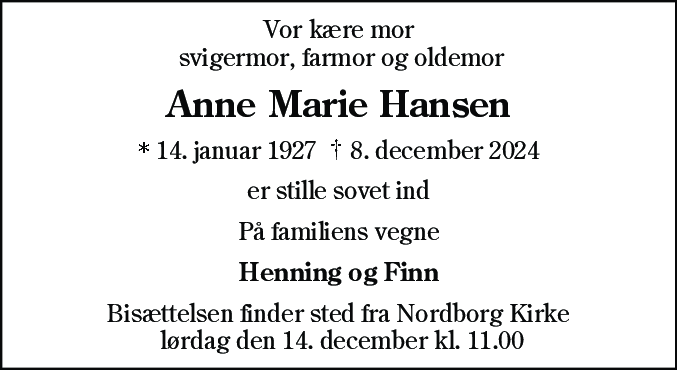 Dødsannonce for Anne Marie Hansen