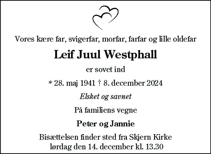 Dødsannonce for Leif Juul Westphall