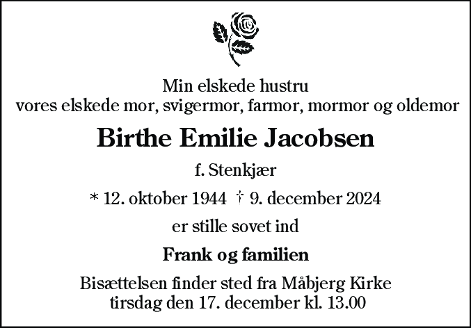 Dødsannonce for Birthe Emilie Jacobsen