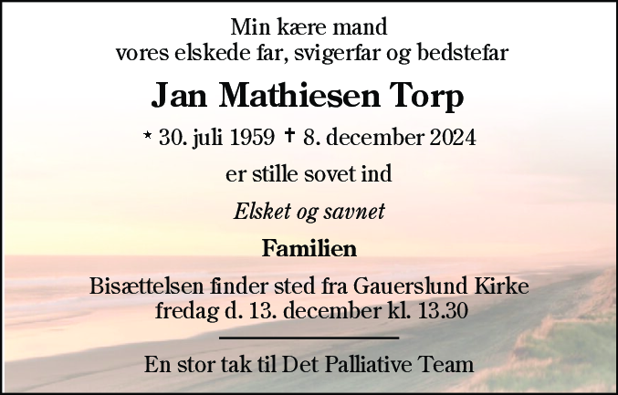 Dødsannonce for Jan Mathiesen Torp
